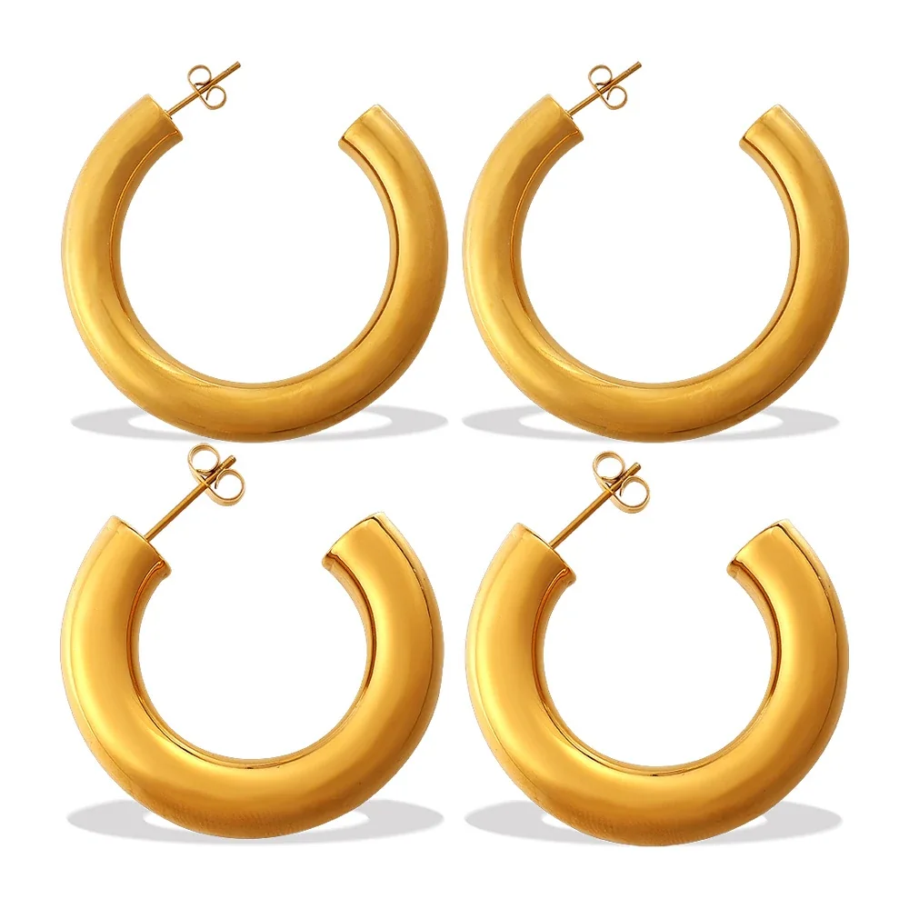 Open Hoop Earrings Thick Rounded 18K Gold-Plated Stainless Steel