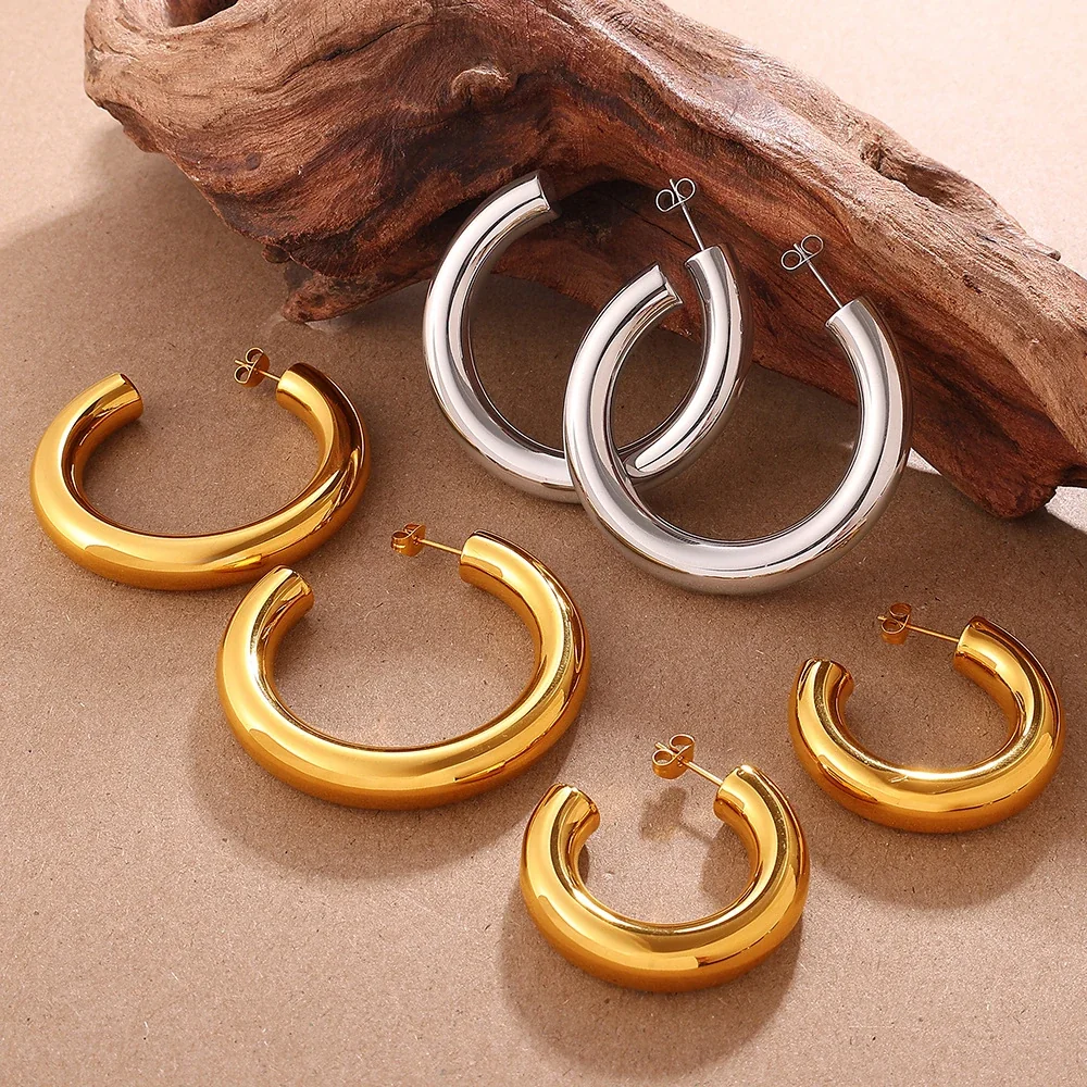 Open Hoop Earrings Thick Rounded 18K Gold-Plated Stainless Steel