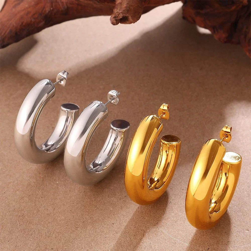 Open Hoop Earrings Thick Rounded 18K Gold-Plated Stainless Steel