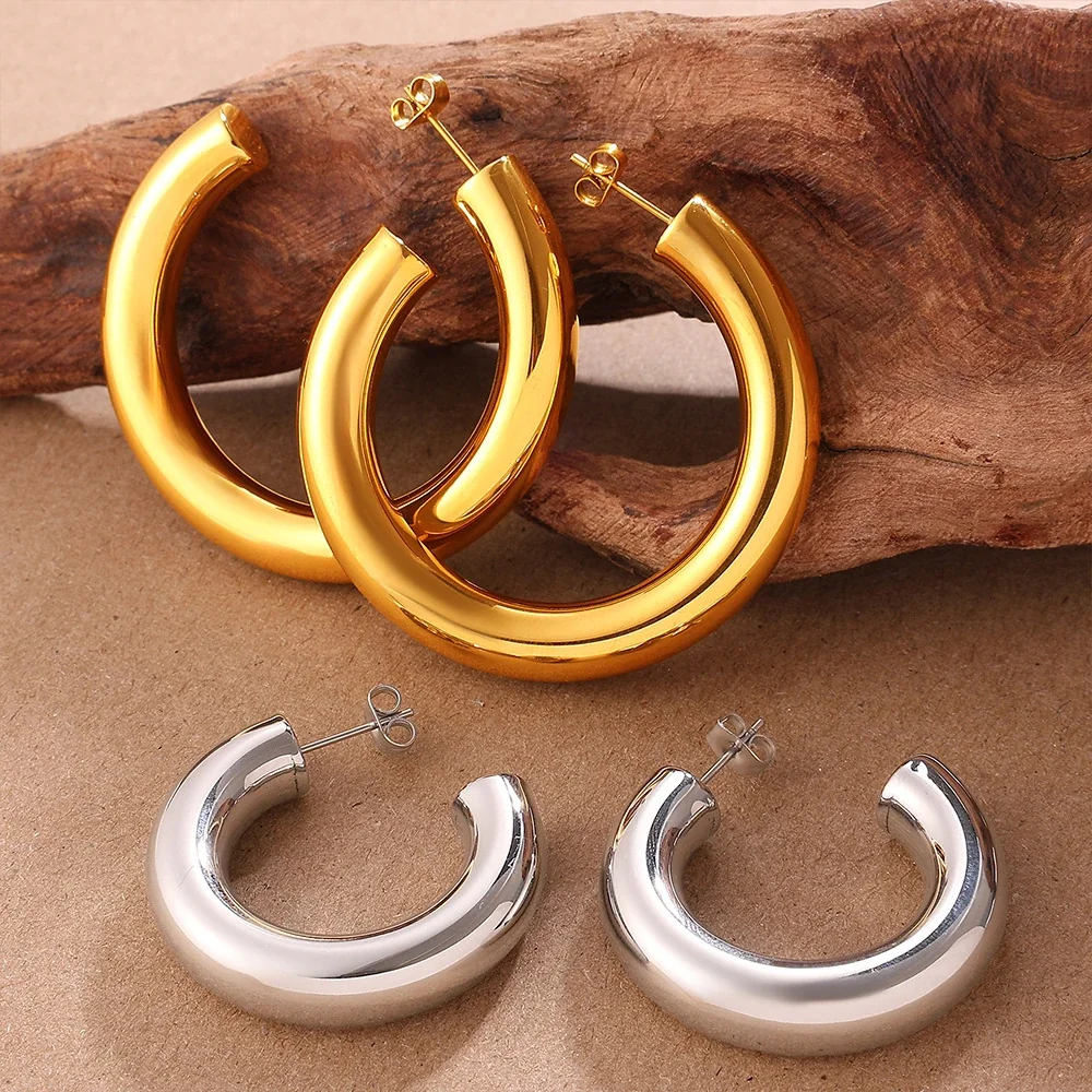 Open Hoop Earrings Thick Rounded 18K Gold-Plated Stainless Steel
