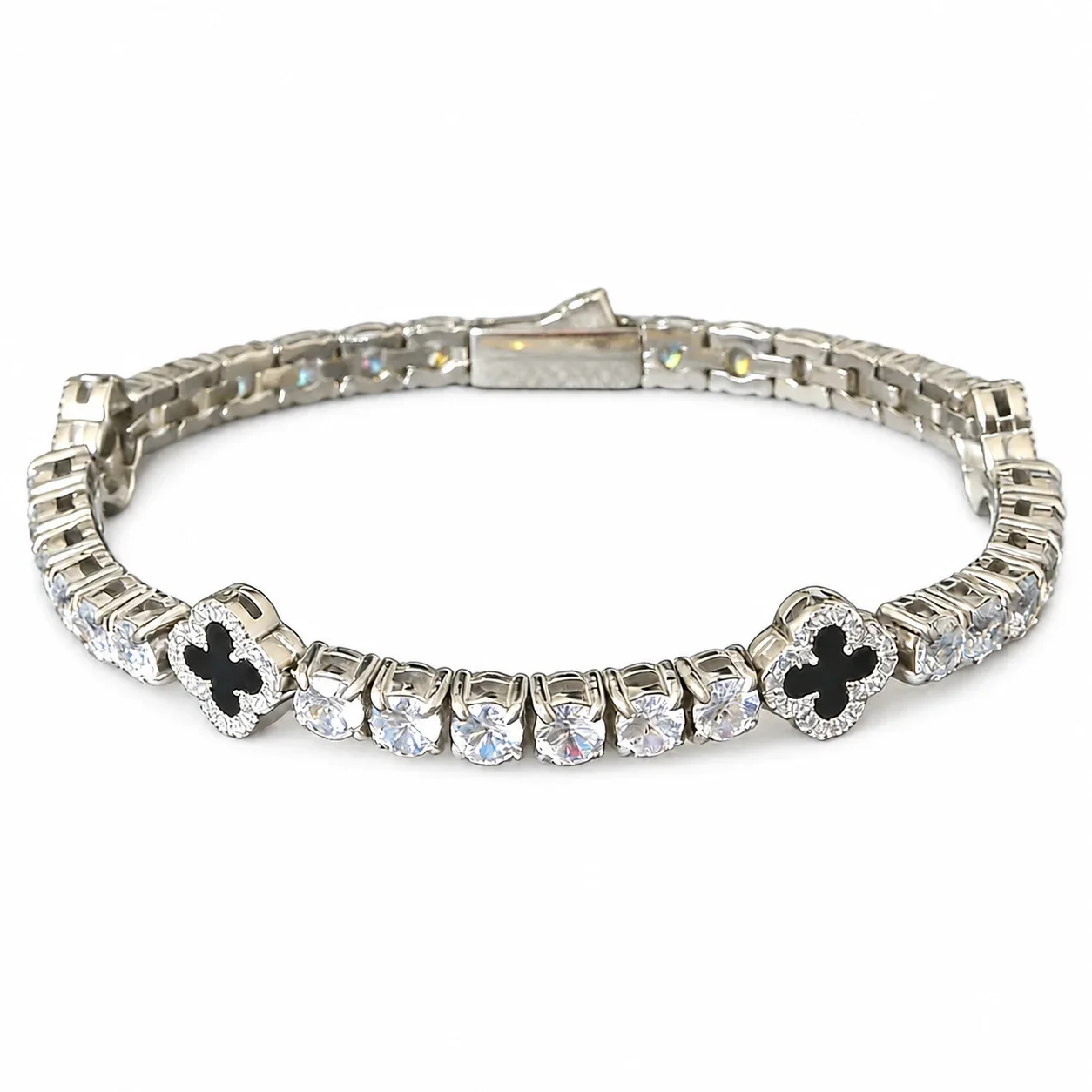 Iced 316 Stainless Steel Clover Tennis Bracelet - Silver Black Shell