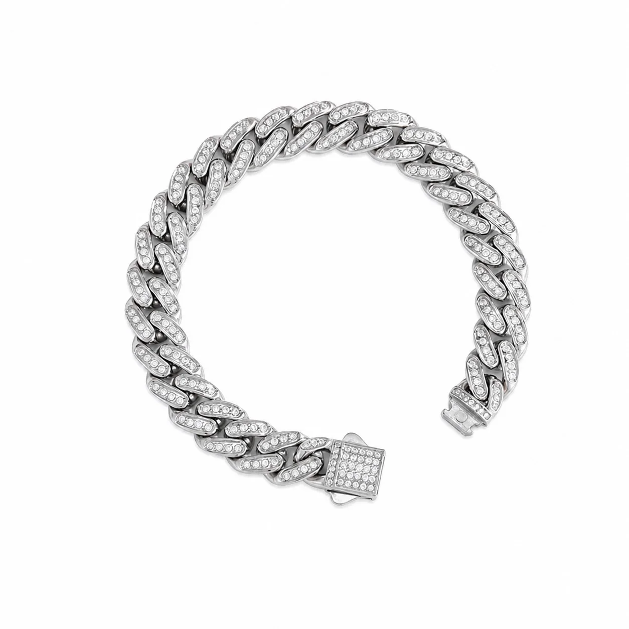 Pavé 316 Stainless Steel Cuban Link Chain Bracelet - Silver Pavé