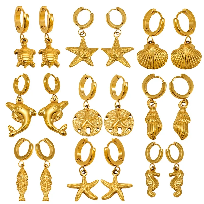 Coastal Gold-Tone Stainless Steel Huggie Drop Earrings