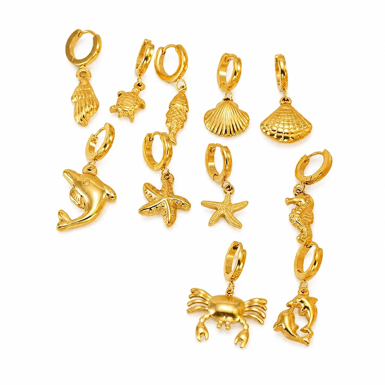 Coastal Gold-Tone Stainless Steel Huggie Drop Earrings