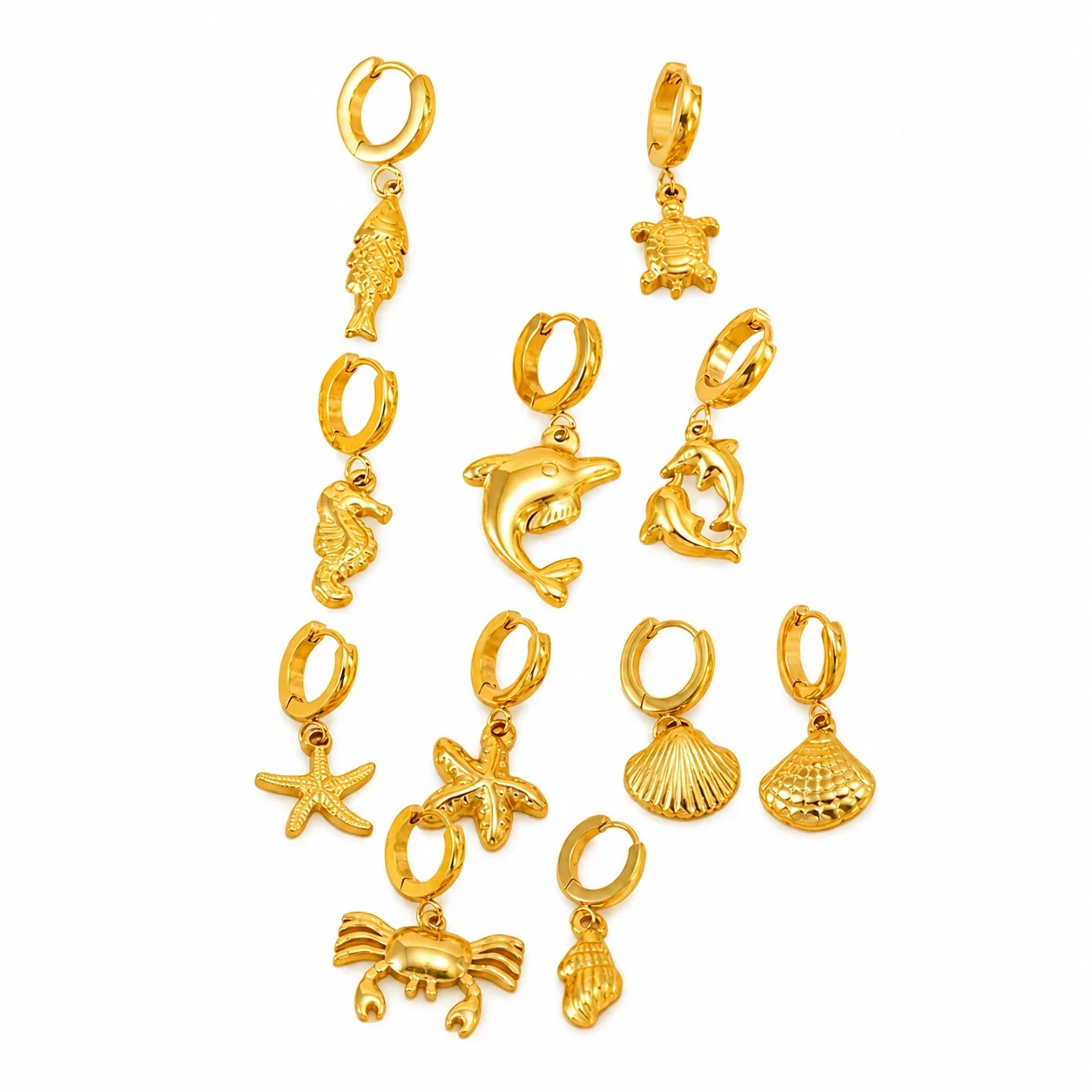 Coastal Gold-Tone Stainless Steel Huggie Drop Earrings
