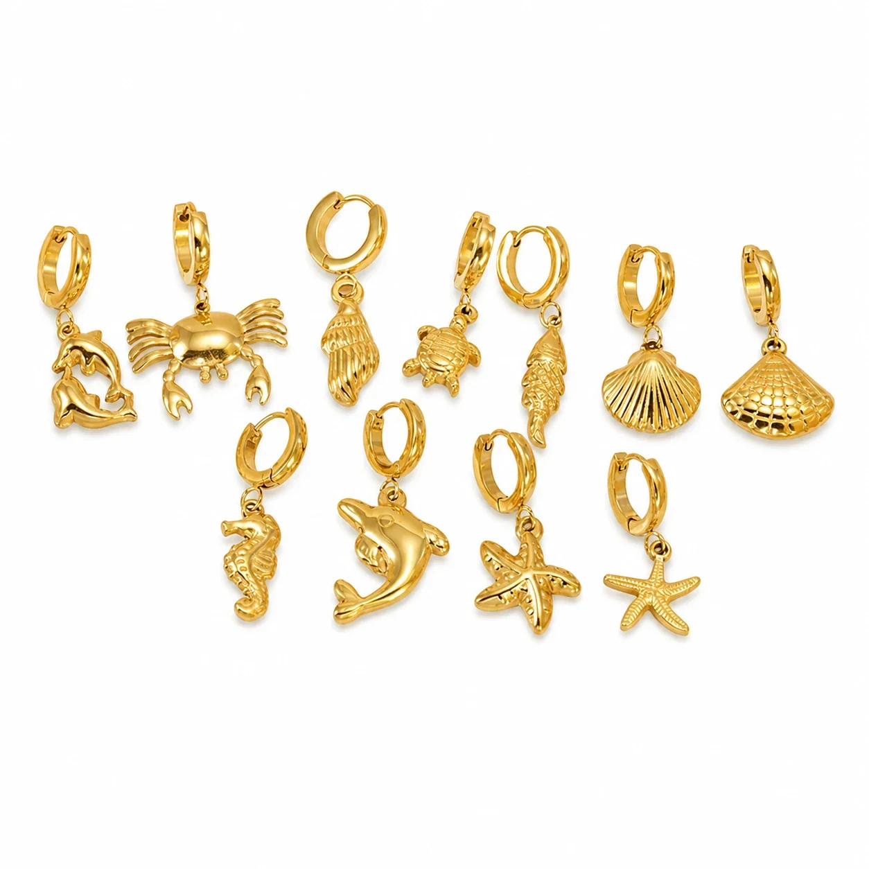Coastal Gold-Tone Stainless Steel Huggie Drop Earrings