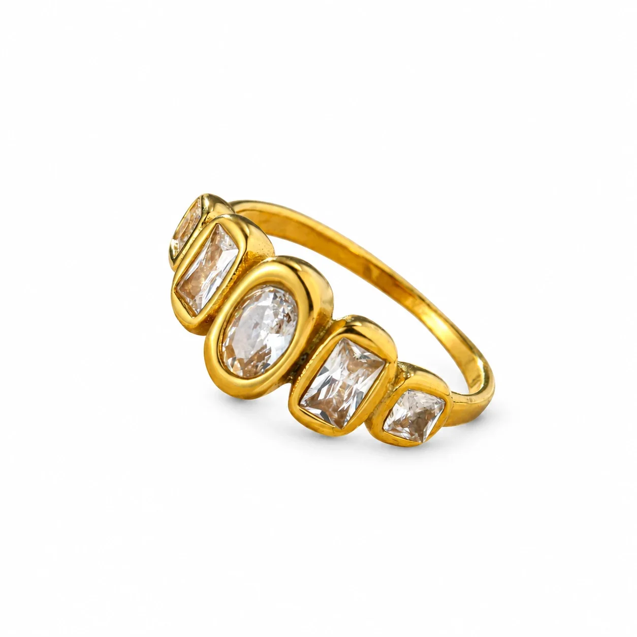 Crystal Ring with Oval & Baguette Bezels, Gold-Plated Stainless Steel