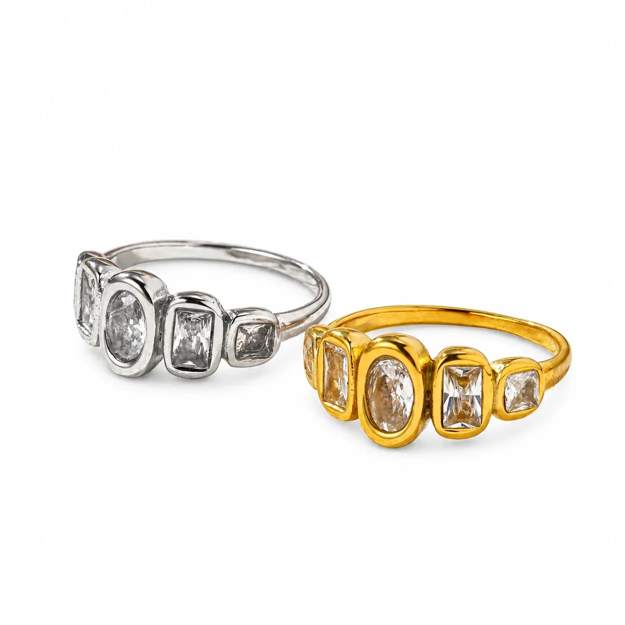 Crystal Ring with Oval & Baguette Bezels, Gold-Plated Stainless Steel