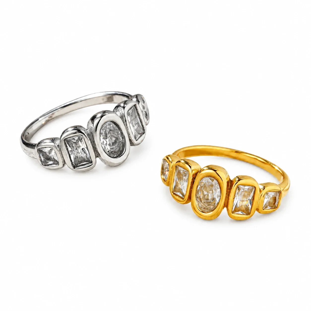 Crystal Ring with Oval & Baguette Bezels, Gold-Plated Stainless Steel
