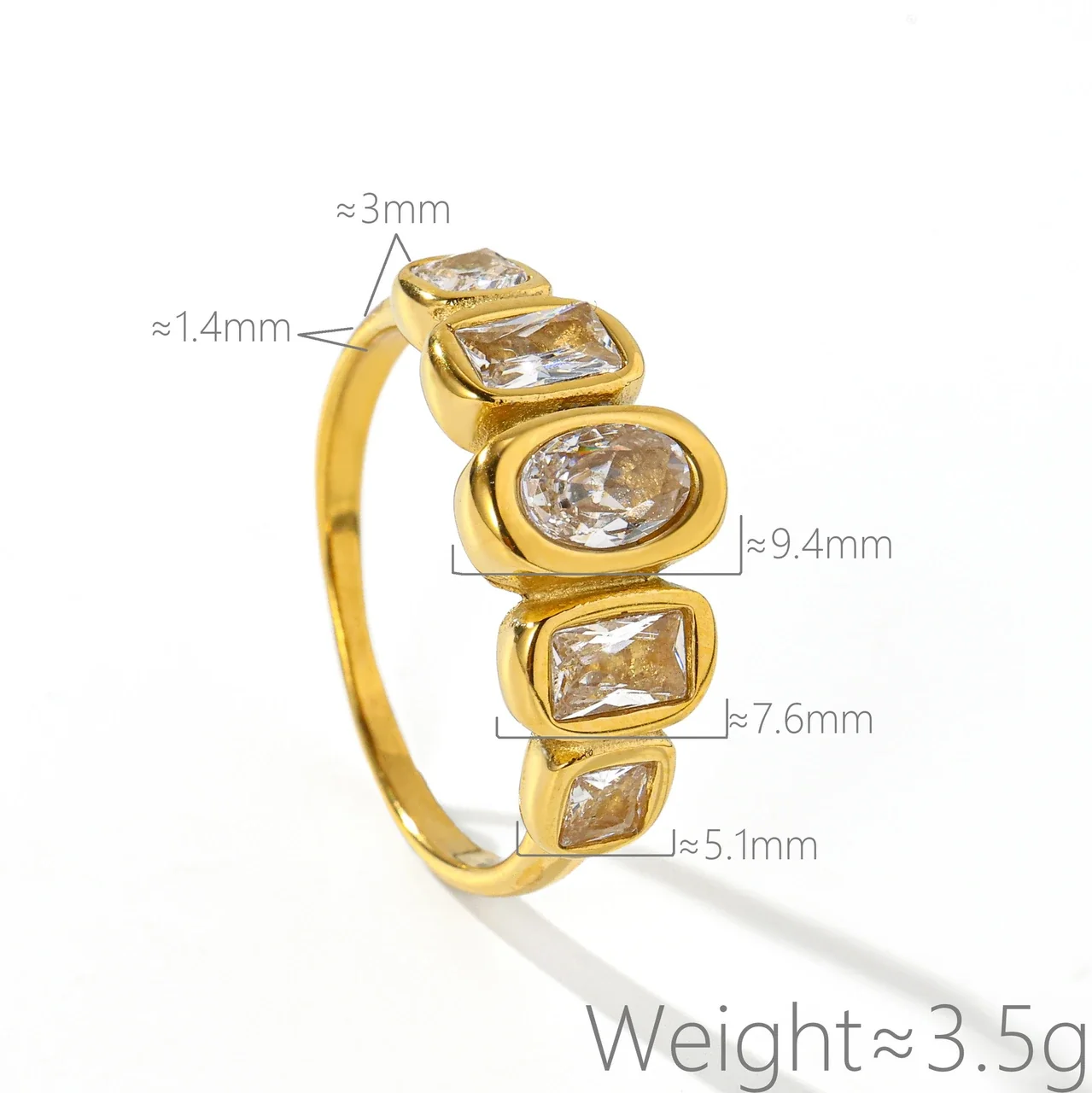 Crystal Ring with Oval & Baguette Bezels, Gold-Plated Stainless Steel
