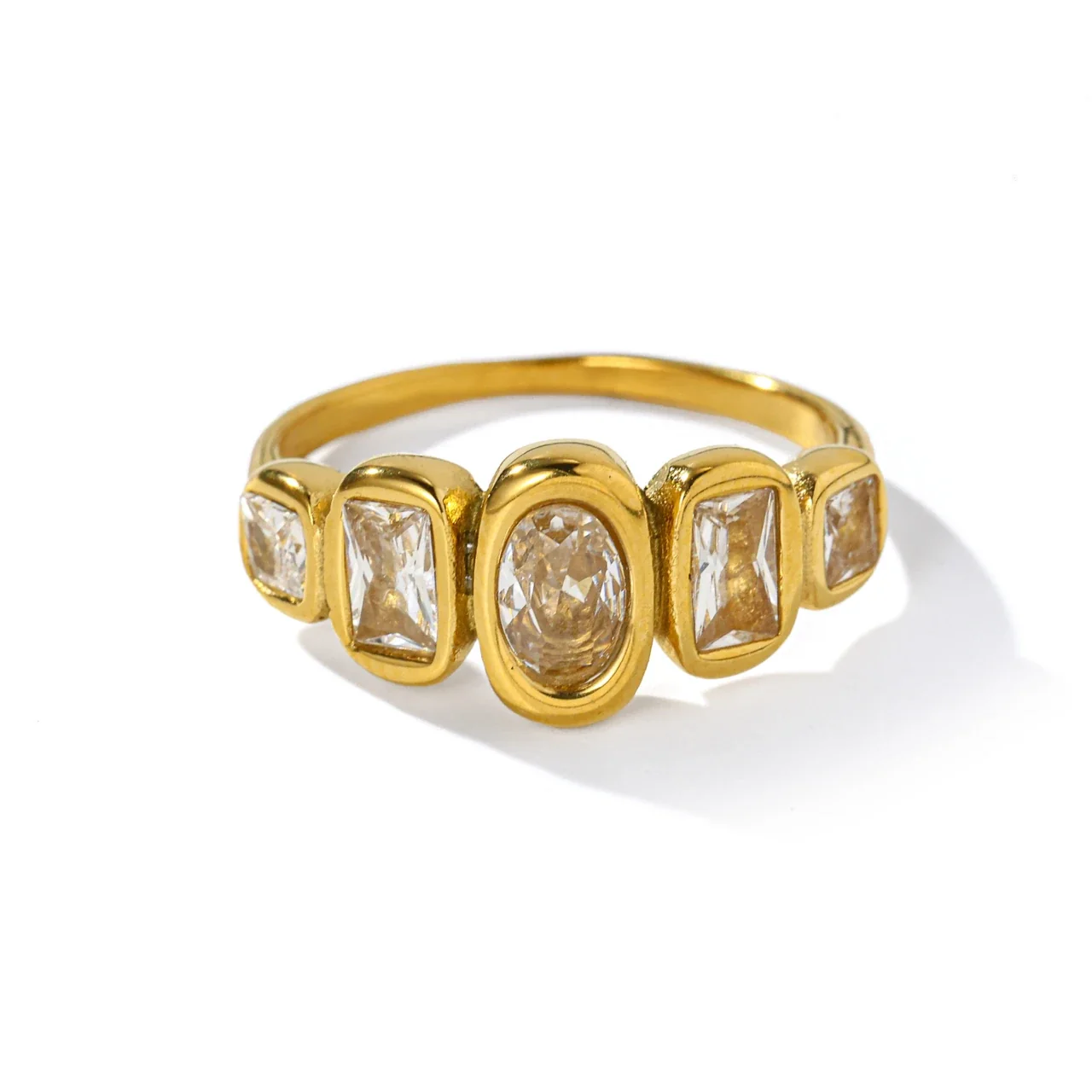 Crystal Ring with Oval & Baguette Bezels, Gold-Plated Stainless Steel - Gold