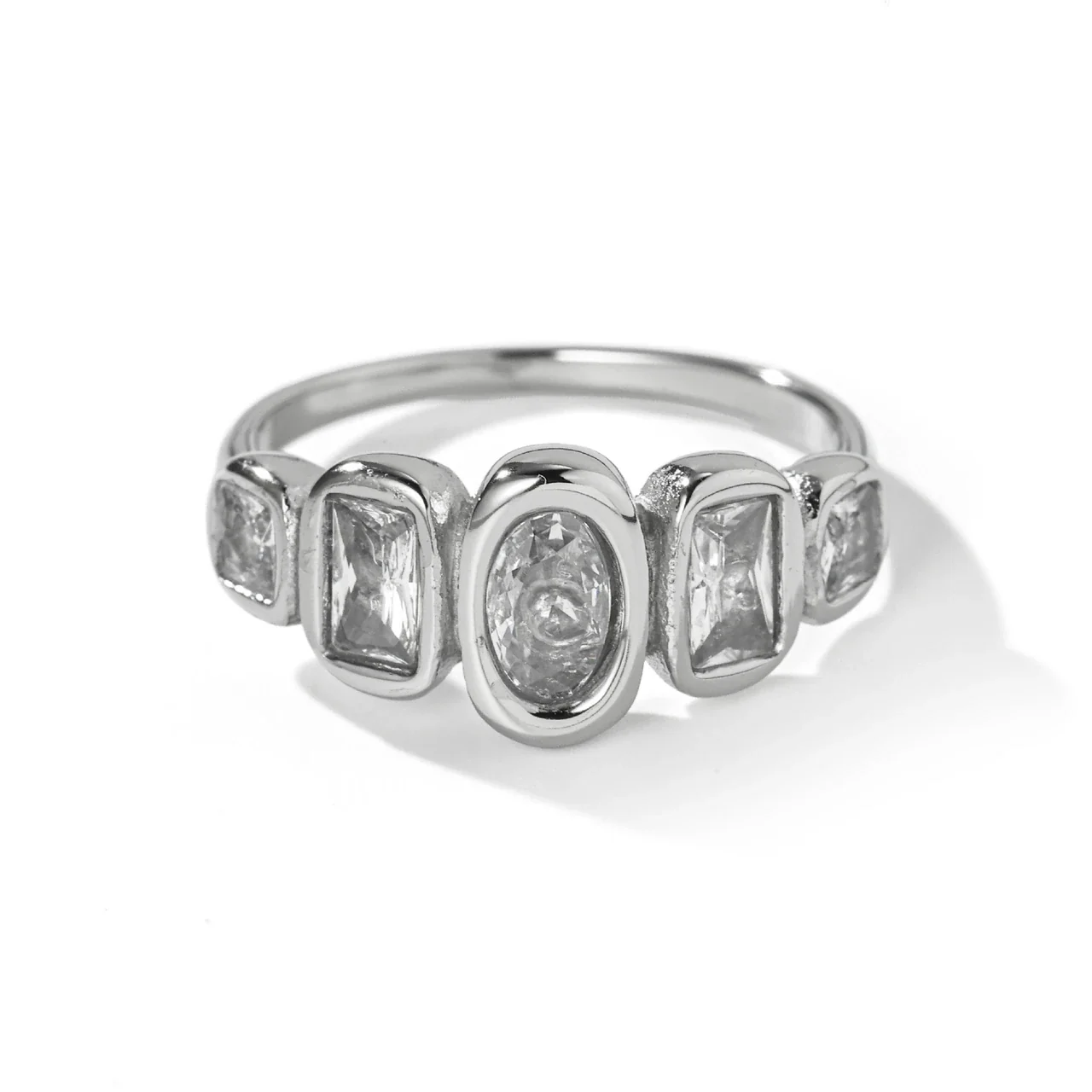 Crystal Ring with Oval & Baguette Bezels, Gold-Plated Stainless Steel - Silver