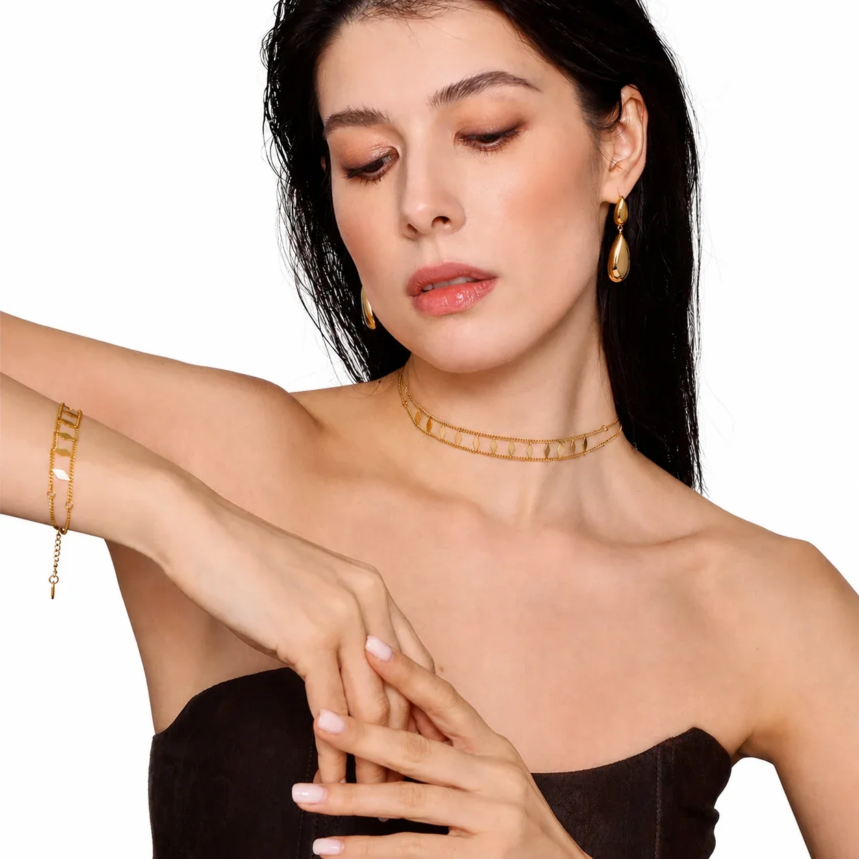 Lustrous Gold-Plated Double Curb Diamond Charm Jewelry Set