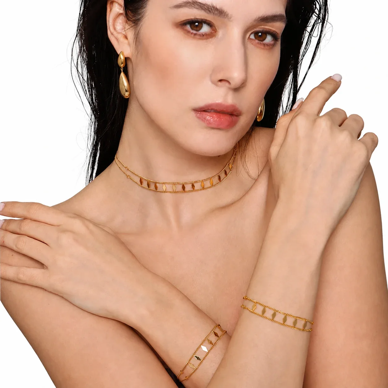 Lustrous Gold-Plated Double Curb Diamond Charm Jewelry Set