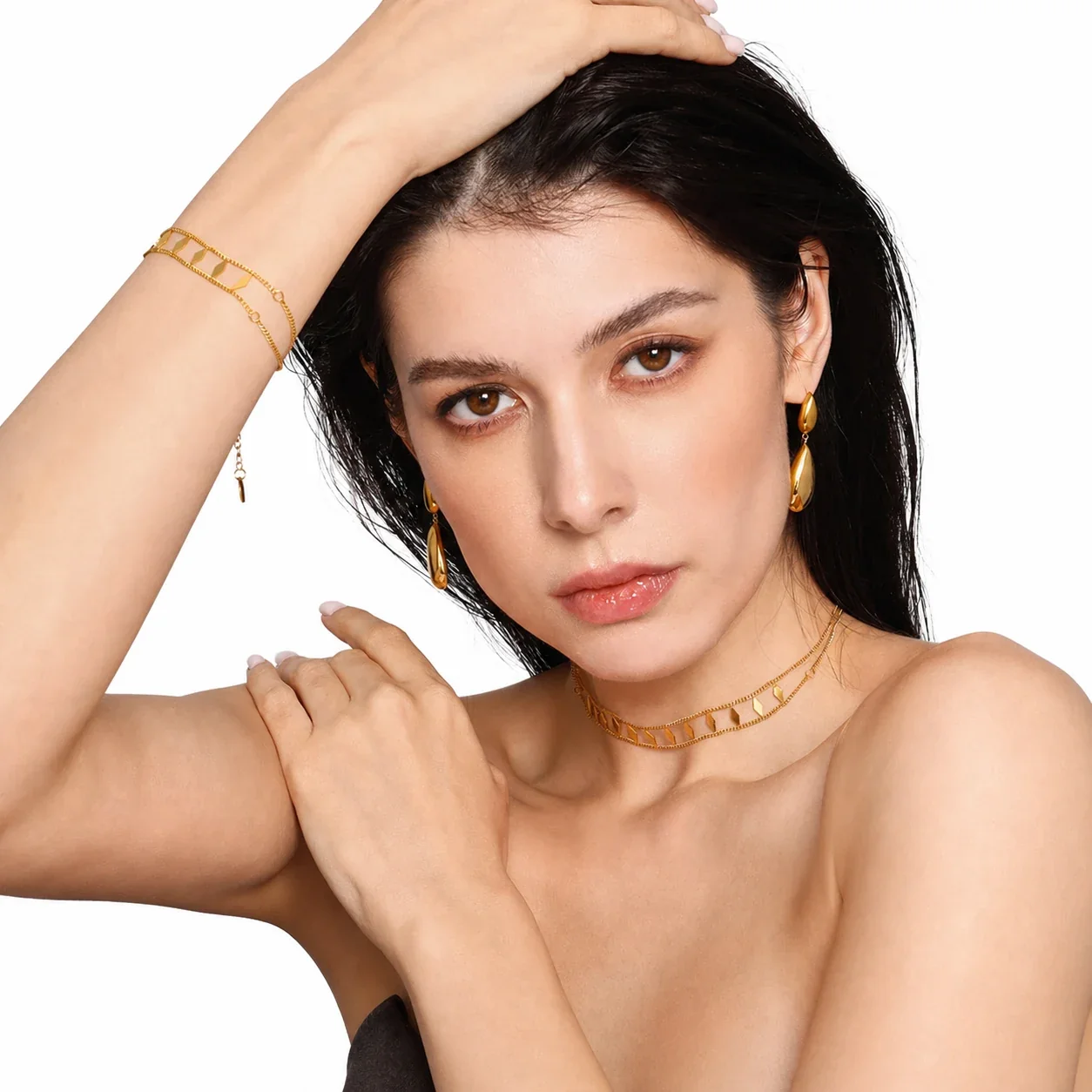 Lustrous Gold-Plated Double Curb Diamond Charm Jewelry Set