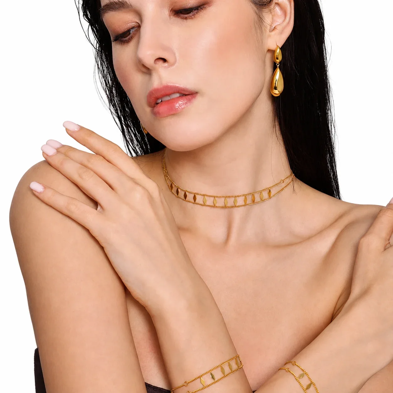 Lustrous Gold-Plated Double Curb Diamond Charm Jewelry Set