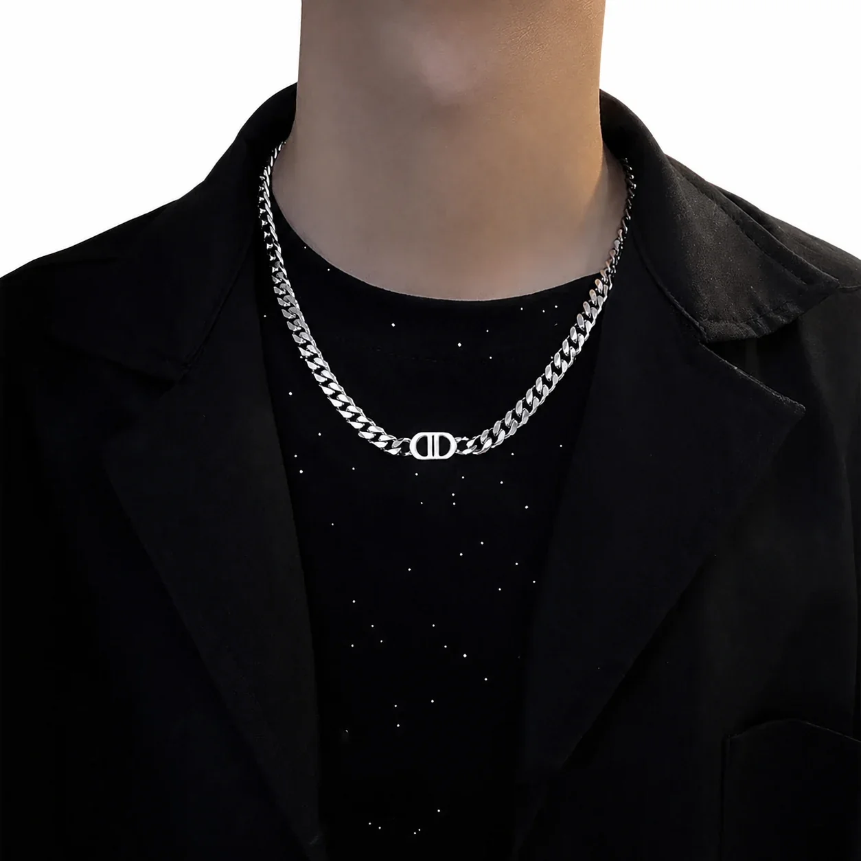 Edgy Silver-Tone Stainless Steel Cuban Link DD Necklace
