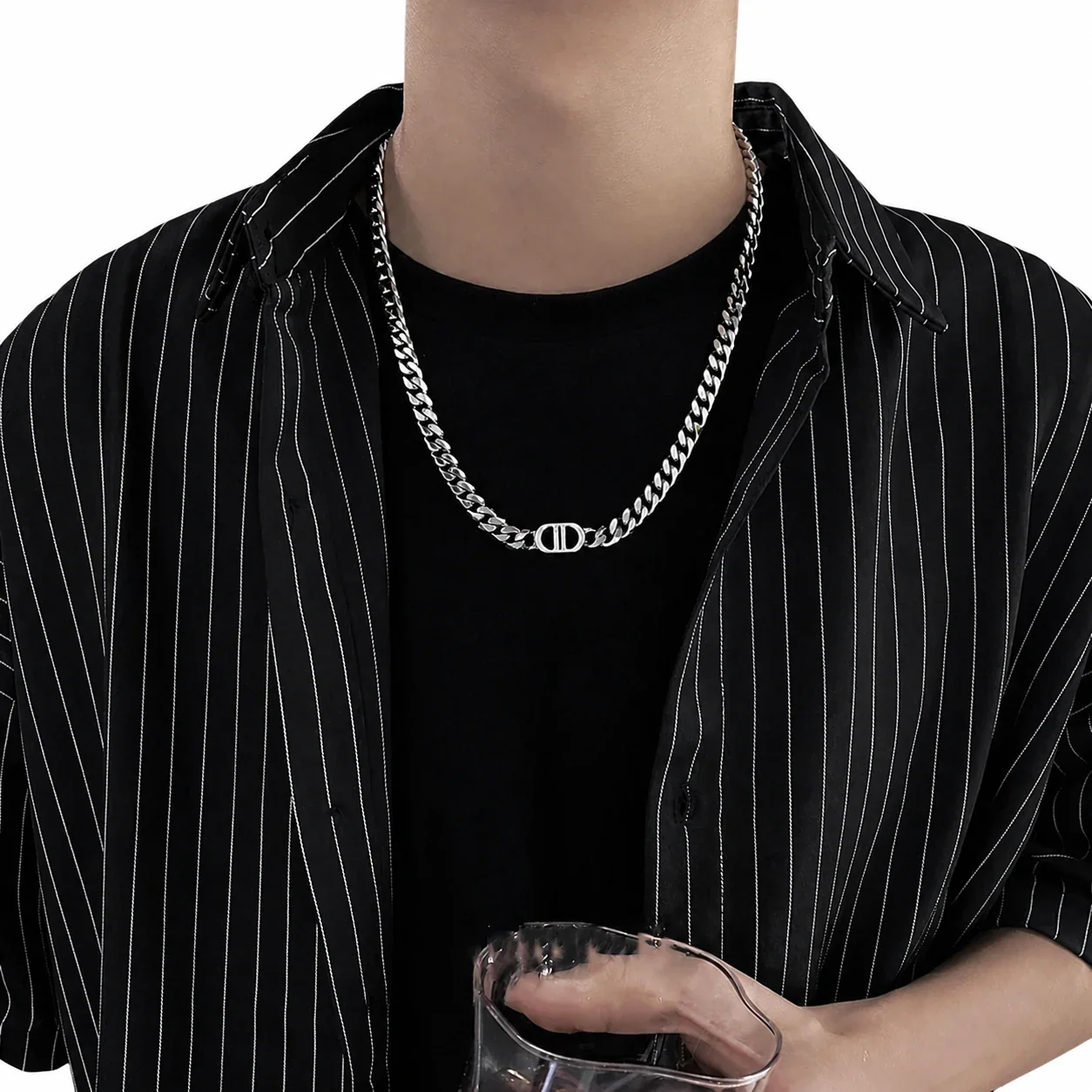 Edgy Silver-Tone Stainless Steel Cuban Link DD Necklace