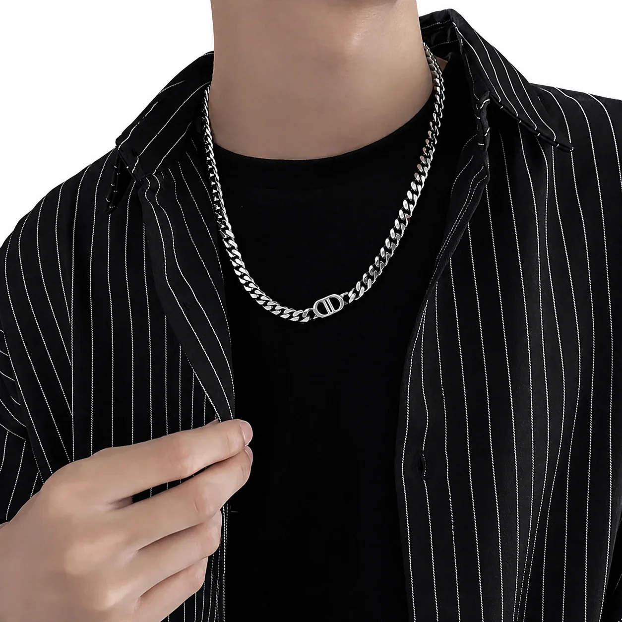 Edgy Silver-Tone Stainless Steel Cuban Link DD Necklace