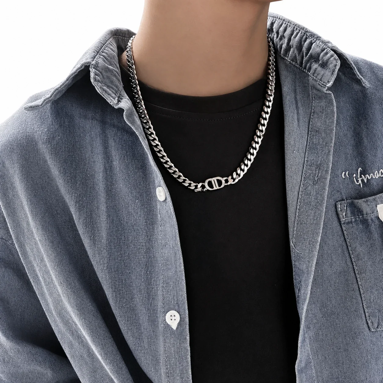 Edgy Silver-Tone Stainless Steel Cuban Link DD Necklace