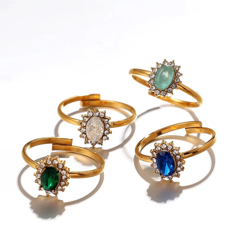 Ring with Oval Halo CZ and Open Band, Gold-Plated Stainless Steel