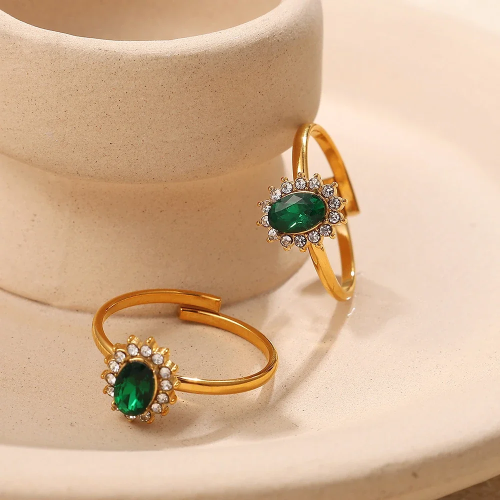Ring with Oval Halo CZ and Open Band, Gold-Plated Stainless Steel