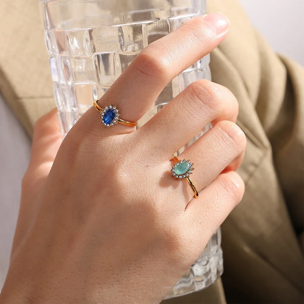 Ring with Oval Halo CZ and Open Band, Gold-Plated Stainless Steel