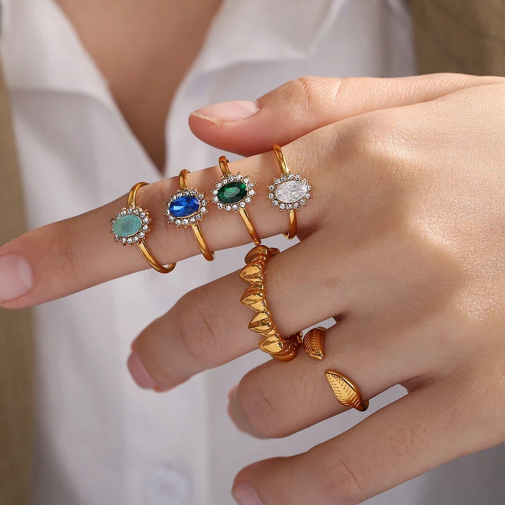 Ring with Oval Halo CZ and Open Band, Gold-Plated Stainless Steel