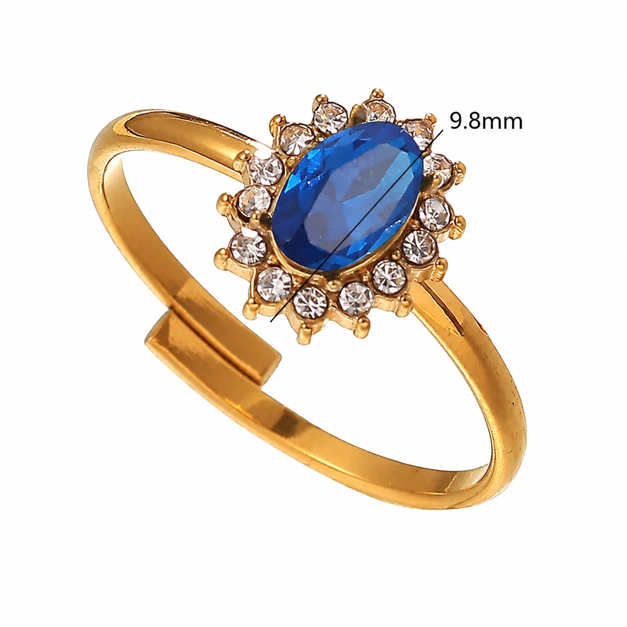 Ring with Oval Halo CZ and Open Band, Gold-Plated Stainless Steel - Gold Deep Blue Cubic Zirconia