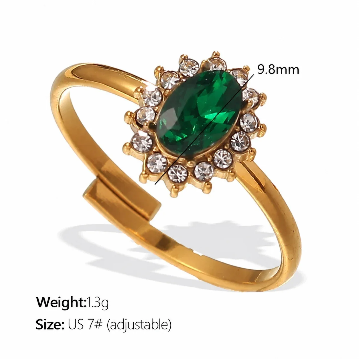 Ring with Oval Halo CZ and Open Band, Gold-Plated Stainless Steel - Gold Dark Green Cubic Zirconia