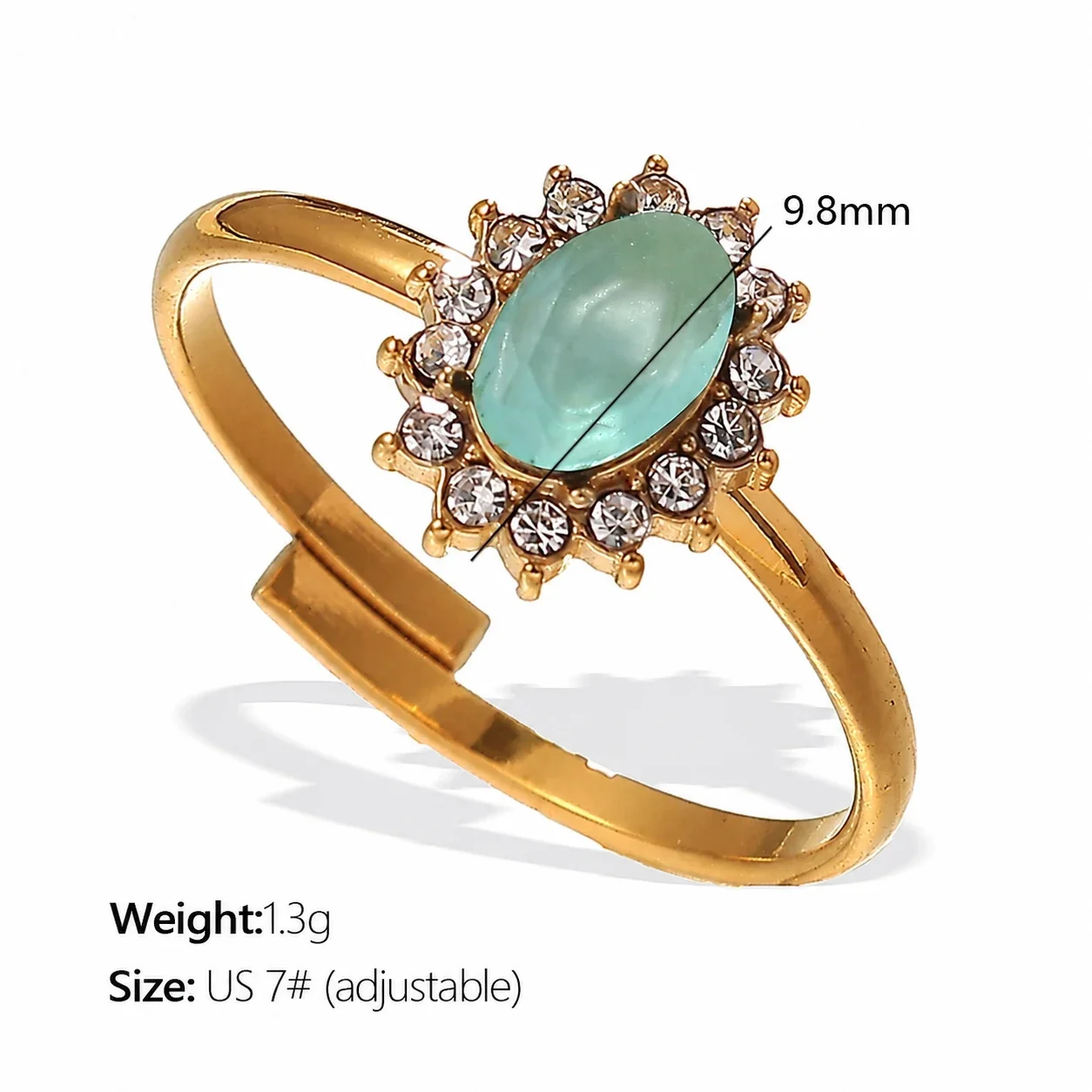 Ring with Oval Halo CZ and Open Band, Gold-Plated Stainless Steel - Gold Mint Blue Cubic Zirconia