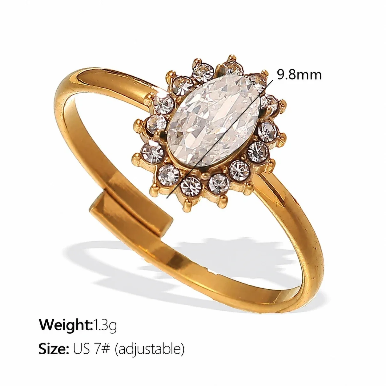 Ring with Oval Halo CZ and Open Band, Gold-Plated Stainless Steel - Gold Clear Cubic Zirconia