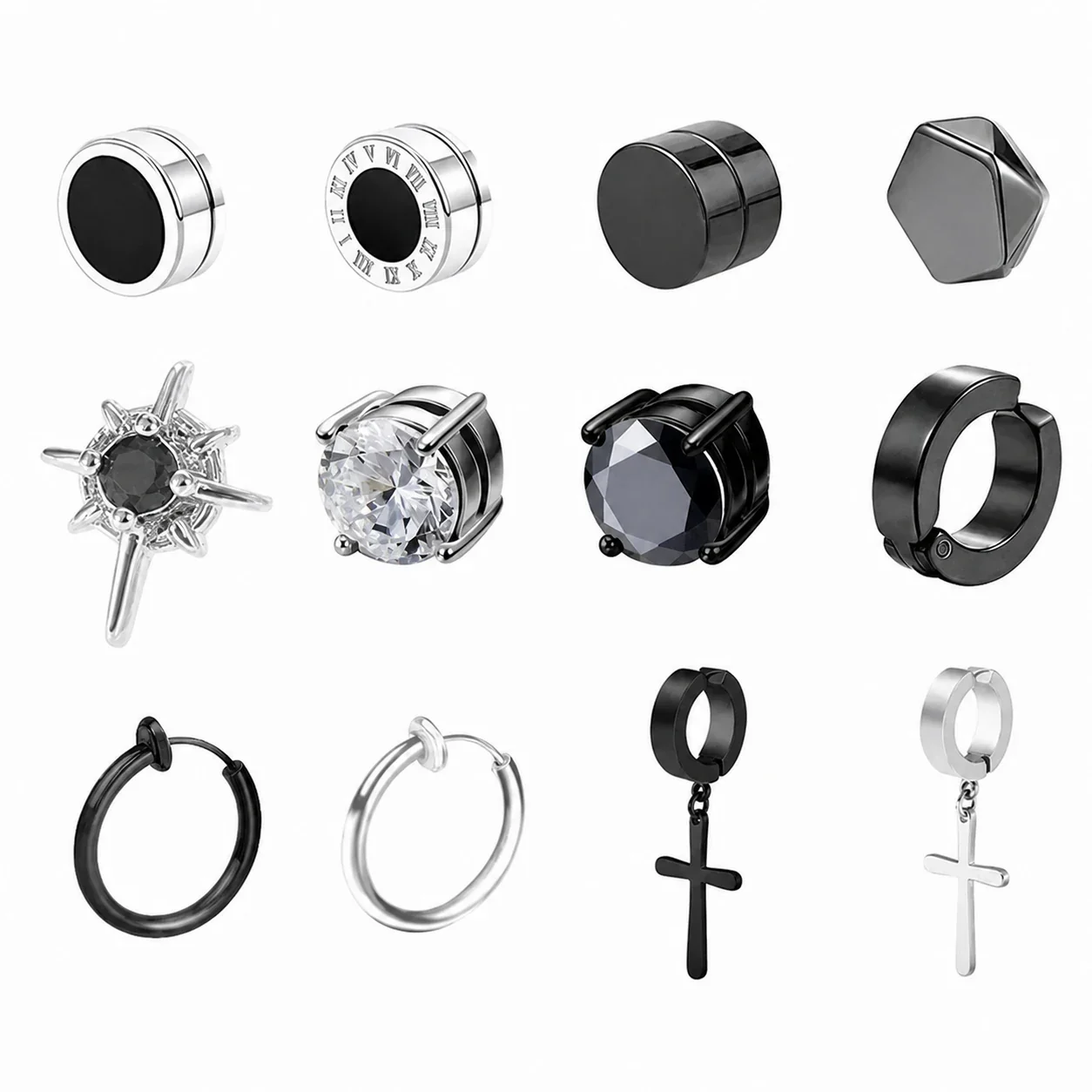 Edgy Stainless Steel Magnetic Clip-On Earrings Set - No-Piercing Single Style J