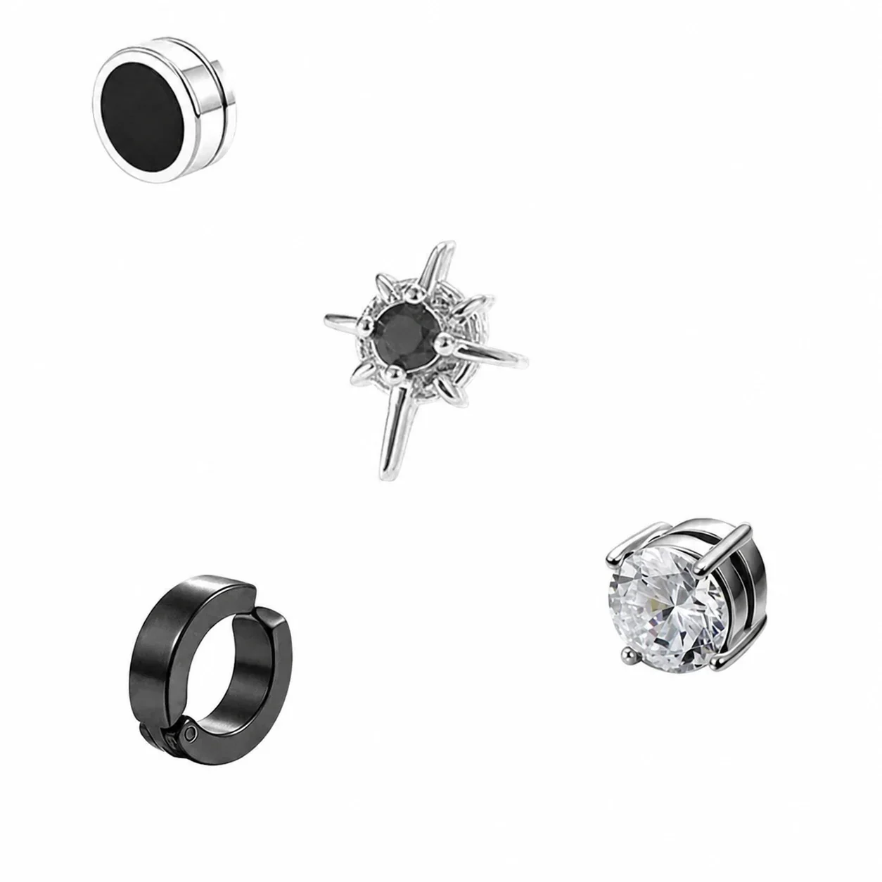 Edgy Stainless Steel Magnetic Clip-On Earrings Set - Piece No-Piercing A+E+F+H