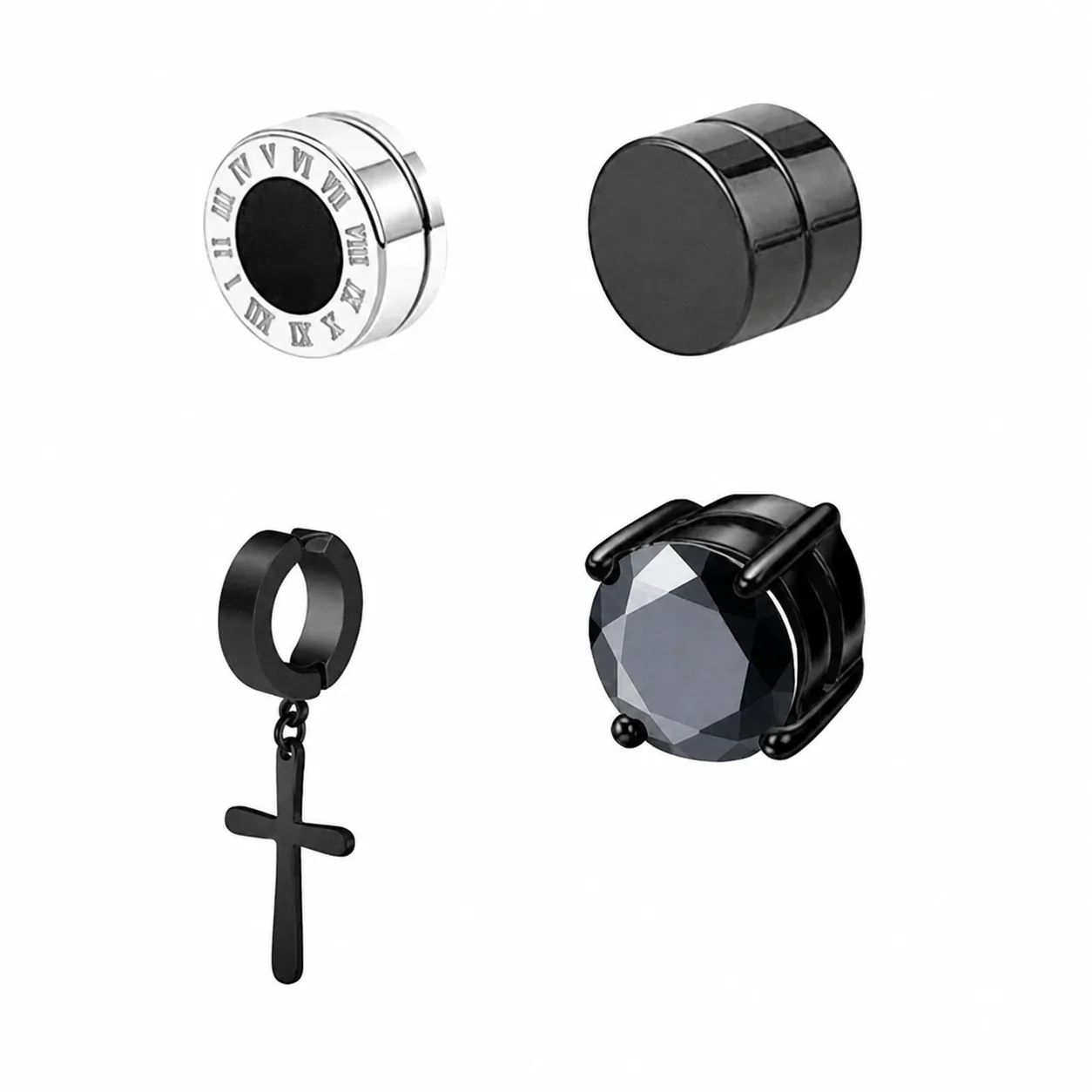 Edgy Stainless Steel Magnetic Clip-On Earrings Set - Piece No-Piercing B+C+G+M