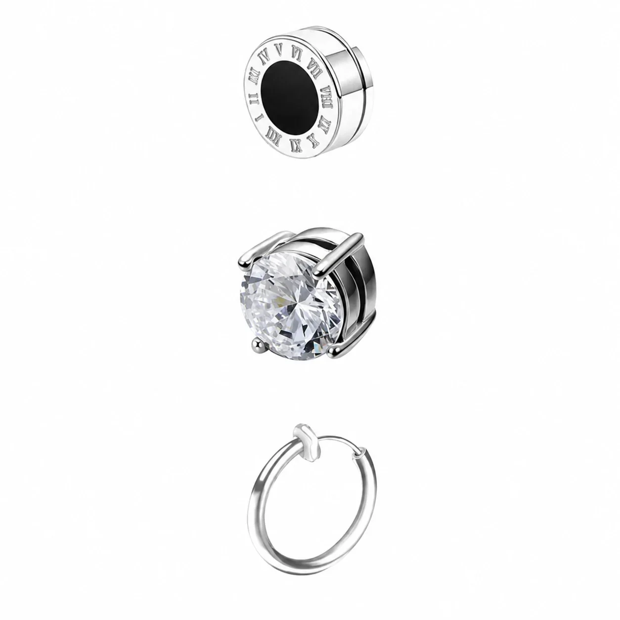 Edgy Stainless Steel Magnetic Clip-On Earrings Set - Piece No-Piercing B+F+K